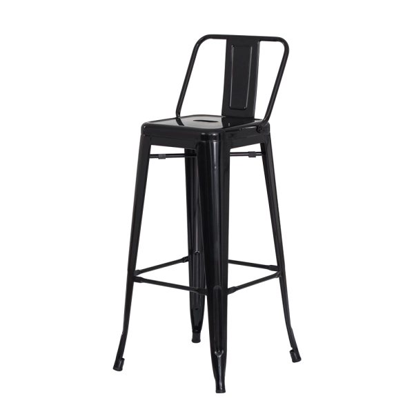 Banqueta Tolix Iron com Encosto Preto Brilhante Industrial Aço Cozinha Bar Bistrô Bancada