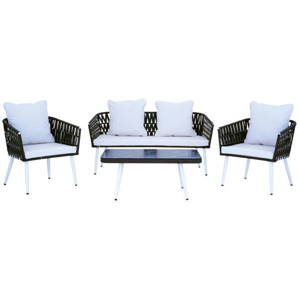 Conjunto Sofá 2 lugares Com 2 Poltronas + Mesa de Centro Branco e Preto
