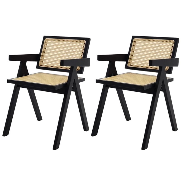 Kit 2 Cadeiras Com Assento Encosto Rattan Base Madeira Preta