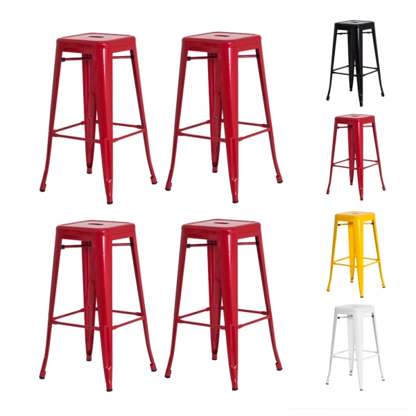 Kit 4 Banquetas Tolix Iron Design Industrial Vermelha 76 cm Aço Cozinha Bar Bistrô Bancada