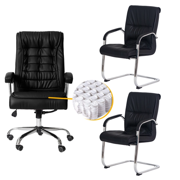 Kit Cadeiras de Escritório, 1 Cadeira Presidente Munique Big + 2 Fixas Preta - Waw Design