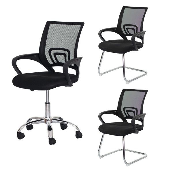 Kit Cadeiras de Escritório, 1 Cadeira Tela Mesh com base Giratória + 2 Cadeiras Tela Mesh base fixa